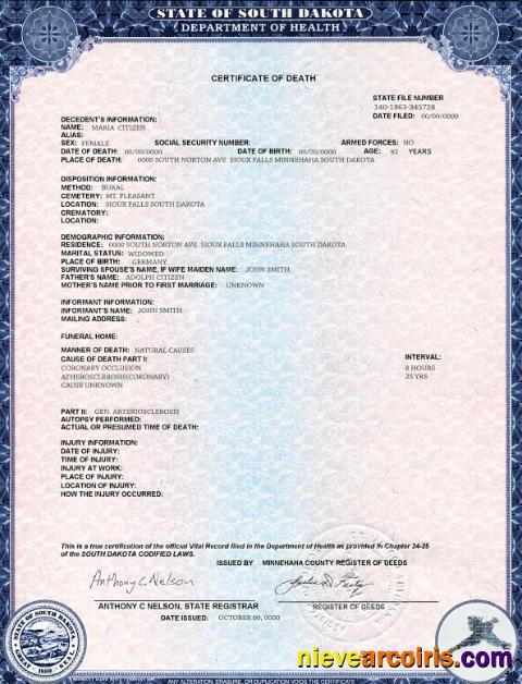 USA South Dakota state death certificate